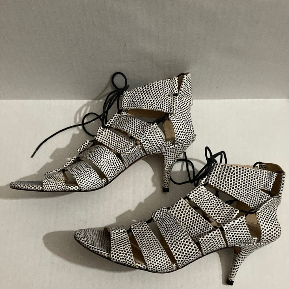 Loeffler Randall Luiza lace straps kitty heels.